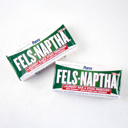 Two bars of Fels-Naptha laundry soap in green and white packaging, handcrafted and made in USA, suitable for Home & Decor, Laundry Supplies, Soaps and Soapmaking collections.