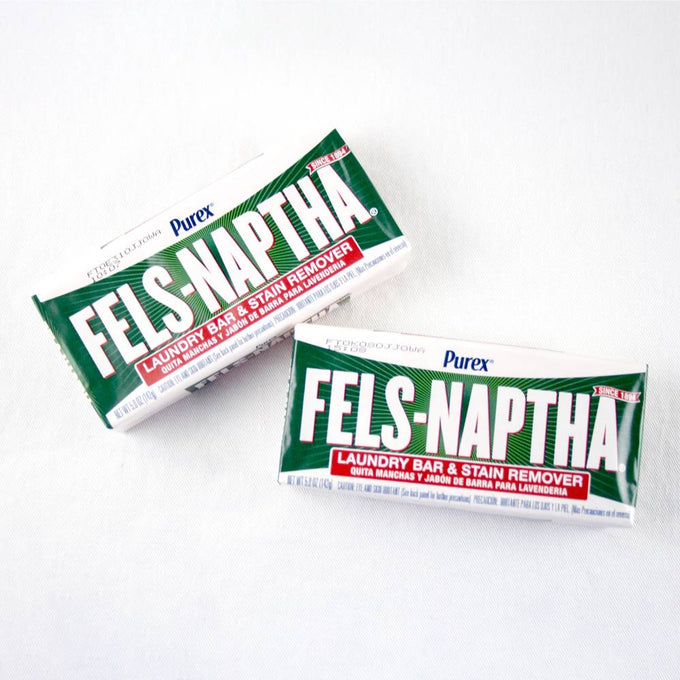 Two bars of Fels-Naptha laundry soap in green and white packaging, handcrafted and made in USA, suitable for Home & Decor, Laundry Supplies, Soaps and Soapmaking collections.