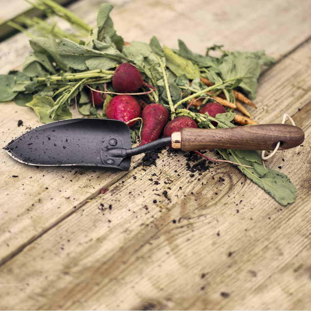 Handcrafted garden spade with heat-treated stainless steel blade and ergonomic walnut handle resting on wooden surface next to freshly harvested radishes, ideal for Farm, Garden & Tool and Digging and Cultivating collections.