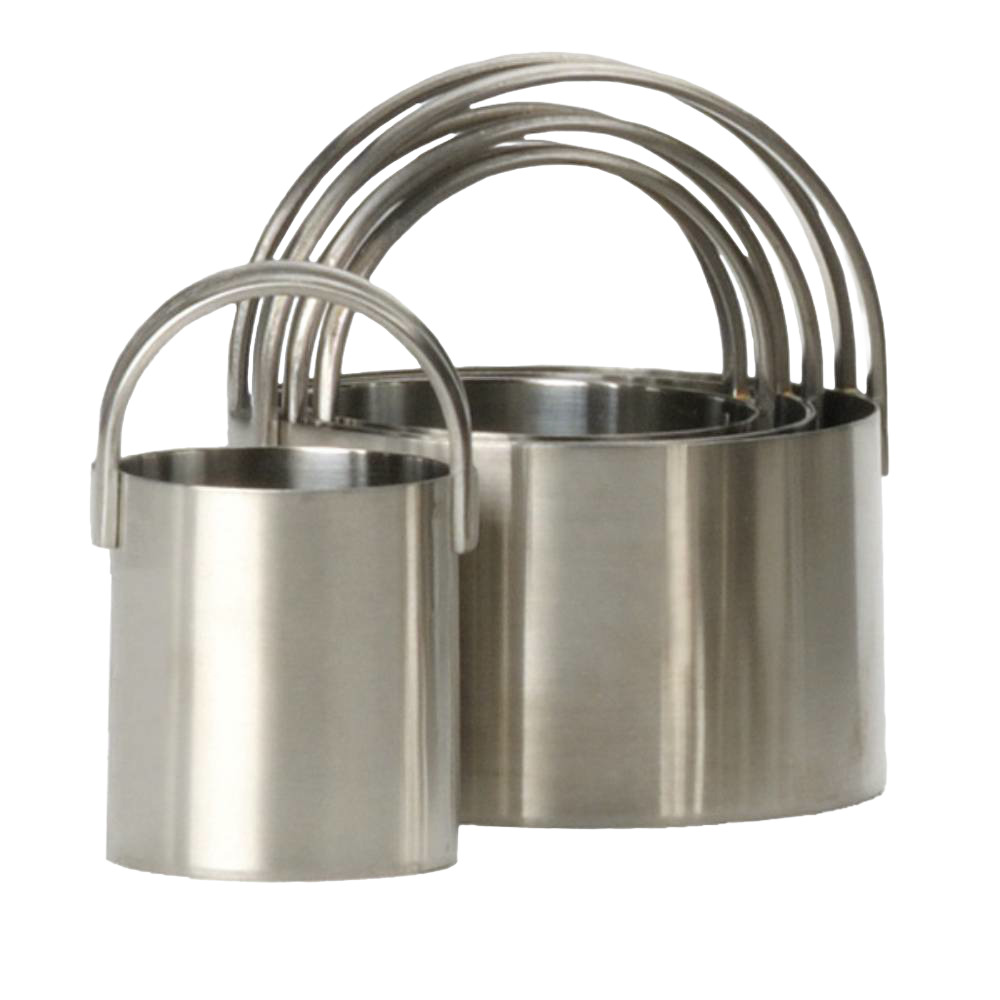 Set of four stainless steel biscuit cutters with comfortable arched handles, designed for easy homemade baking, suitable for Kitchen & Food, Cookware, and Baking Supplies collections.