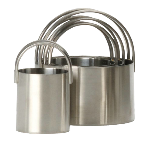 Set of four stainless steel biscuit cutters with comfortable arched handles, designed for easy homemade baking, suitable for Kitchen & Food, Cookware, and Baking Supplies collections.