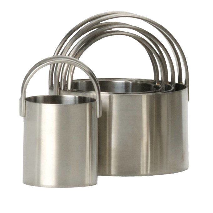 Set of four stainless steel biscuit cutters with comfortable arched handles, designed for easy homemade baking, suitable for Kitchen & Food, Cookware, and Baking Supplies collections.