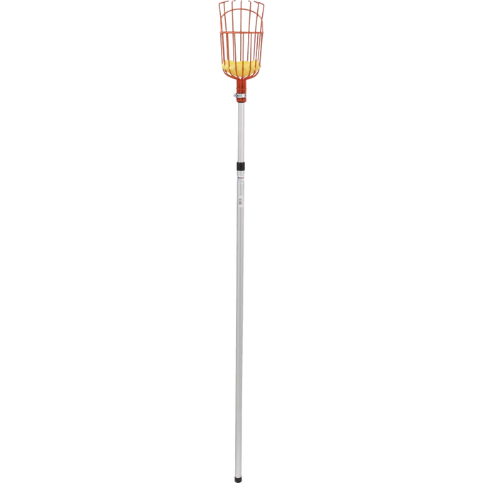 Enameled steel fruit picker basket with padded base attached to an adjustable telescoping aluminum pole, ideal for safe harvest in Farm, Garden & Tool, Apple Harvest Supplies, and Best Sellers collections.