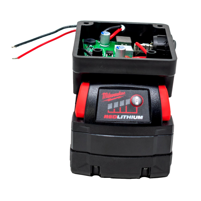 Black and red battery adapter with exposed circuit board and wiring, compatible with Milwaukee and DeWalt tool batteries for Lamps & Lighting, Battery, Solar, LED, and Best Sellers collections.