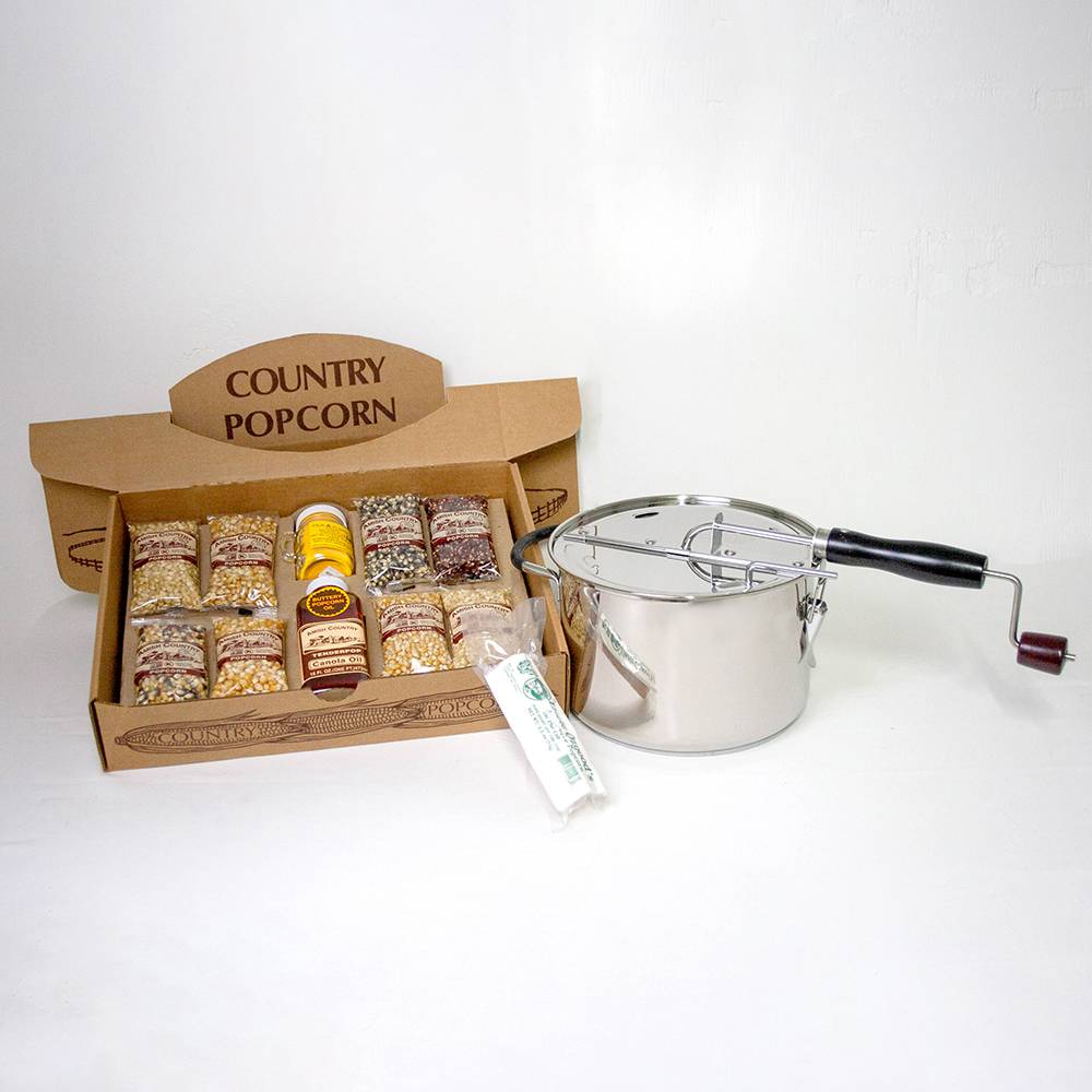Complete Amish Country popcorn gift set featuring a stainless steel stovetop popper with hand crank, assorted popcorn kernels, seasoning, and oil, ideal for Kitchen & Food and Snacks and Sweets collections.