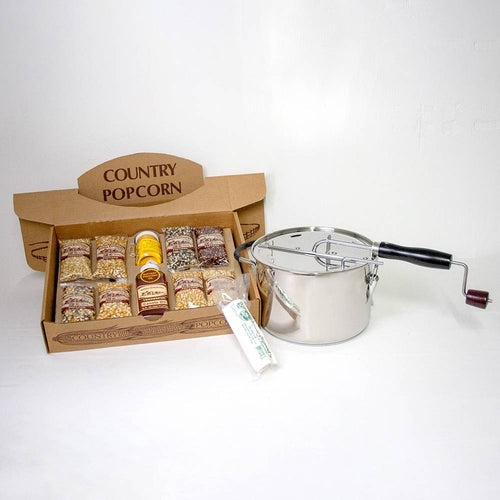 Complete Amish Country popcorn gift set featuring a stainless steel stovetop popper with hand crank, assorted popcorn kernels, seasoning, and oil, ideal for Kitchen & Food and Snacks and Sweets collections.