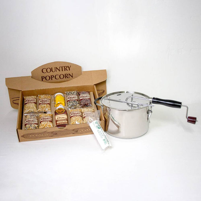 Complete Amish Country popcorn gift set featuring a stainless steel stovetop popper with hand crank, assorted popcorn kernels, seasoning, and oil, ideal for Kitchen & Food and Snacks and Sweets collections.