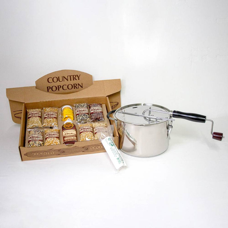 Complete Amish Country popcorn gift set featuring a stainless steel stovetop popper with hand crank, assorted popcorn kernels, seasoning, and oil, ideal for Kitchen & Food and Snacks and Sweets collections.