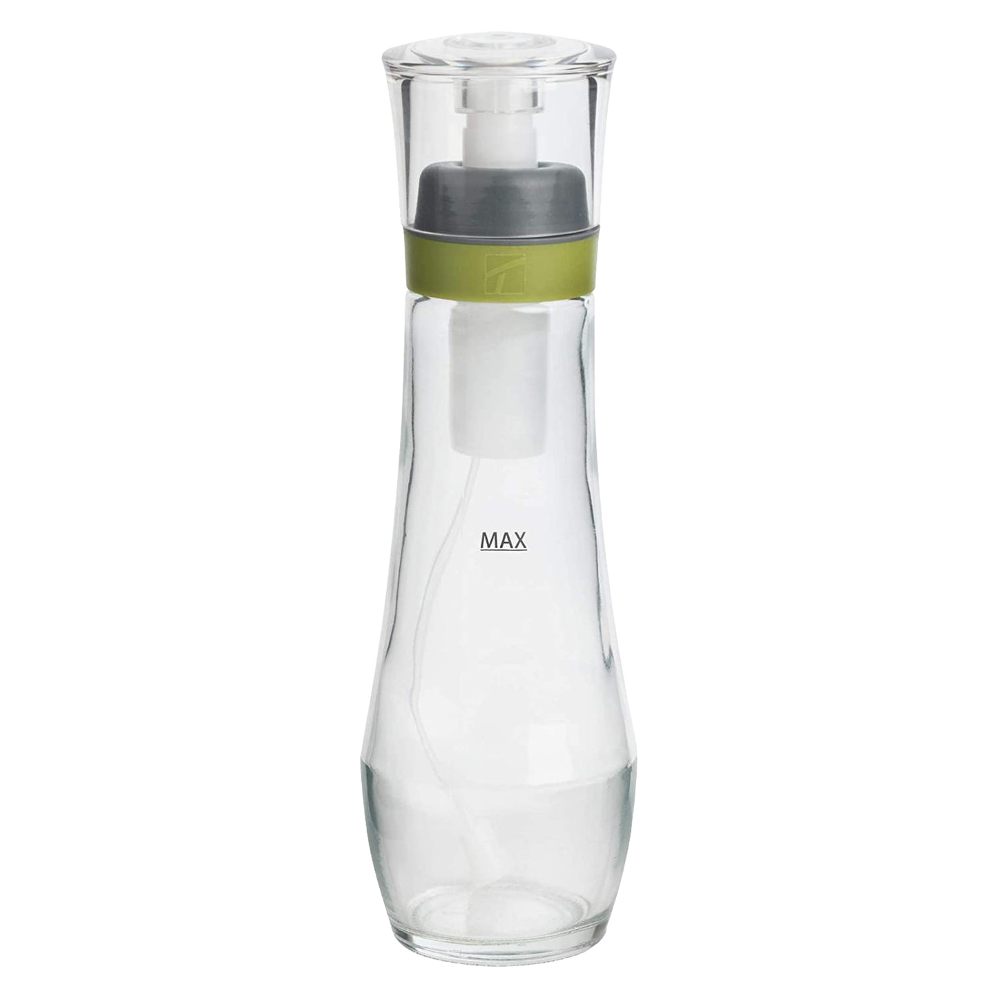 Clear glass oil spray bottle with a green silicone band and transparent lid, designed for even oil distribution, ideal for Kitchen & Food, Cookware, and Baking Supplies collections.