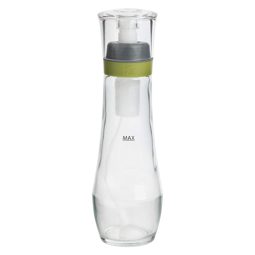 Clear glass oil spray bottle with a green silicone band and transparent lid, designed for even oil distribution, ideal for Kitchen & Food, Cookware, and Baking Supplies collections.