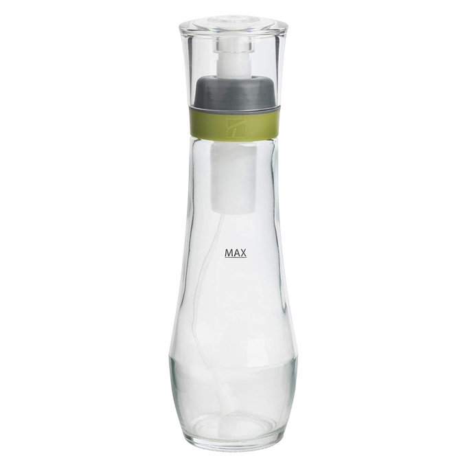 Clear glass oil spray bottle with a green silicone band and transparent lid, designed for even oil distribution, ideal for Kitchen & Food, Cookware, and Baking Supplies collections.