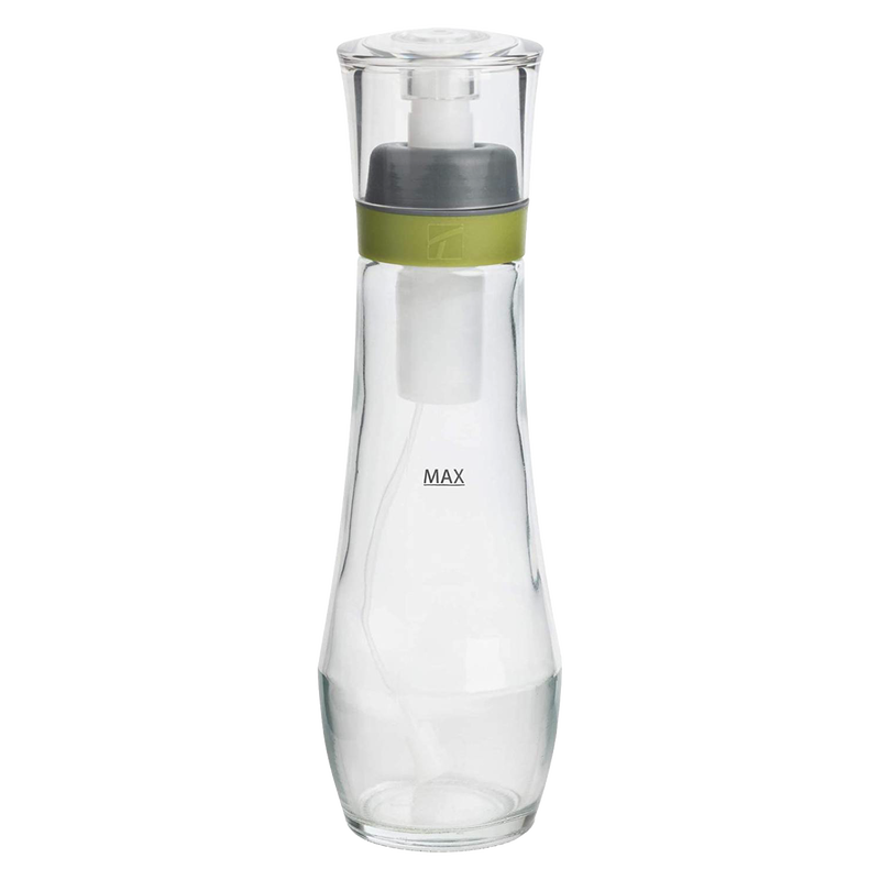 Clear glass oil spray bottle with a green silicone band and transparent lid, designed for even oil distribution, ideal for Kitchen & Food, Cookware, and Baking Supplies collections.