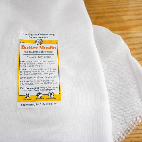 Fine, tightly woven 100% cotton butter muslin square from New England Cheesemaking Supply, handcrafted for draining soft cheeses, ideal for Kitchen & Food, Specialty Equipment, and DIY Cheese collections.