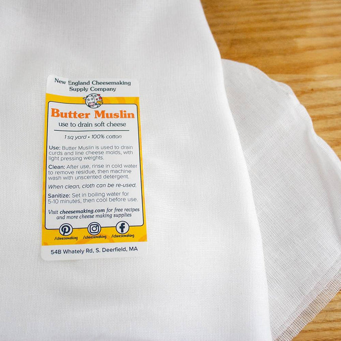 Fine, tightly woven 100% cotton butter muslin square from New England Cheesemaking Supply, handcrafted for draining soft cheeses, ideal for Kitchen & Food, Specialty Equipment, and DIY Cheese collections.