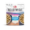 Resealable pouch of trail-ready cookie dough bites offering two servings and five grams of protein, made in USA, ideal for camping, hiking, emergency supplies, and outdoor snacking.