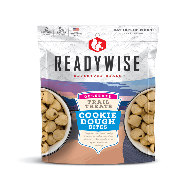 Resealable pouch of trail-ready cookie dough bites offering two servings and five grams of protein, made in USA, ideal for camping, hiking, emergency supplies, and outdoor snacking.
