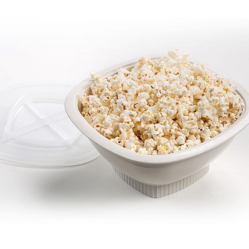 White BPA- and melamine-free microwave popcorn popper filled with freshly popped popcorn, featuring a removable lid and base that doubles as a serving bowl, ideal for Kitchen & Food collections.