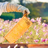 Beekeeper wearing protective gloves holding a handcrafted medium wood bee frame with wired beeswax foundation and honeycomb, set against a blurred flower meadow background.