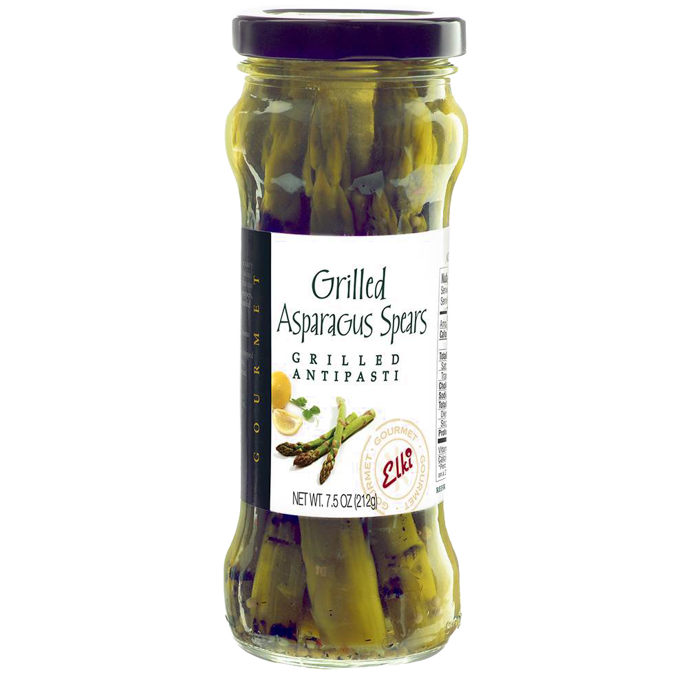Tall glass jar of fire-grilled asparagus spears in marinade with labeled white and purple cap, ideal for Kitchen & Food, Food, Pantry, and Best Sellers collections.