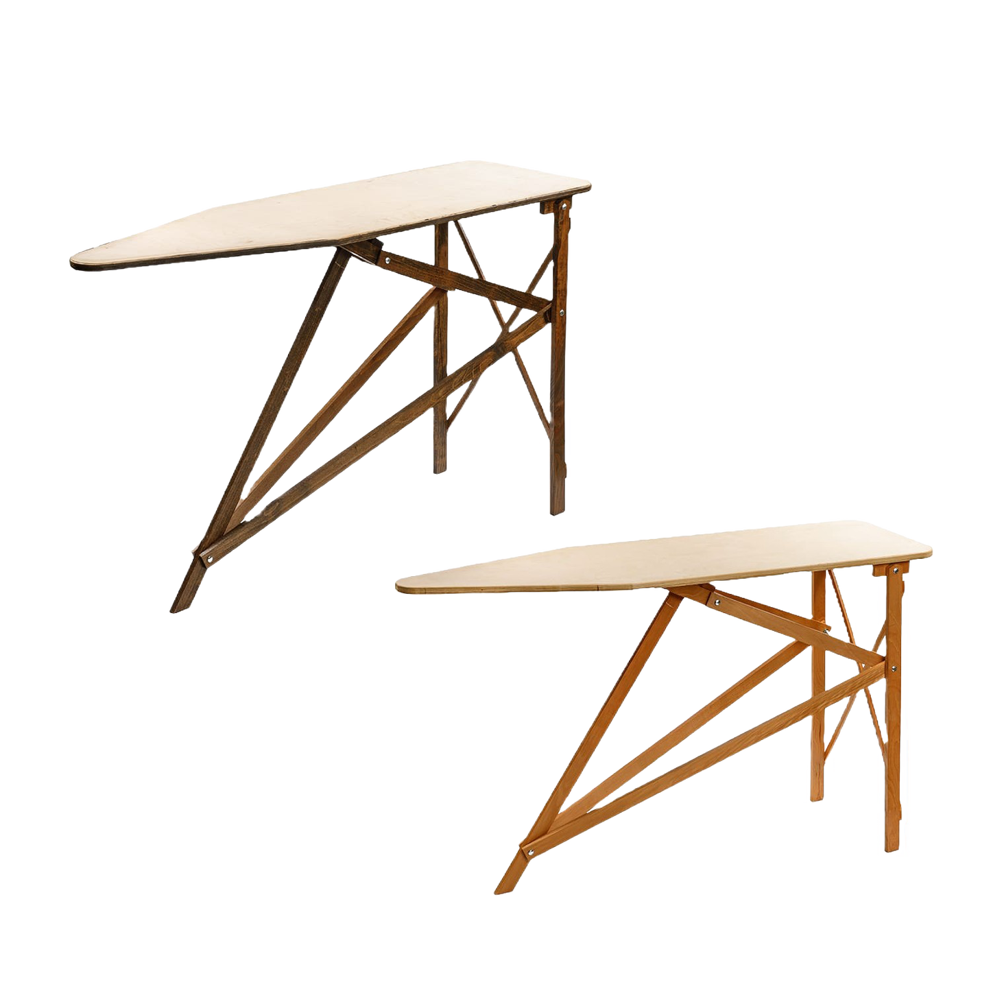 Two handcrafted wooden ironing boards with sturdy maple and birch construction, showcasing Amish-made quality for Home & Decor, Laundry Supplies, and USA Made collections.