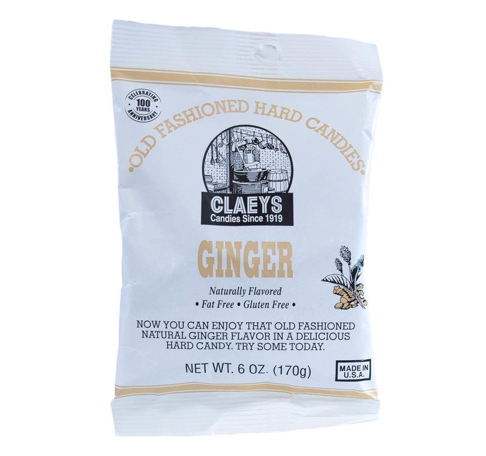 White bag of handcrafted ginger flavored old-fashioned hard candies, naturally flavored, fat free, gluten free, and made in USA, featured in Kitchen & Food, Snacks and Sweets, USA Made, Best Sellers, and Promo Eligible collections.