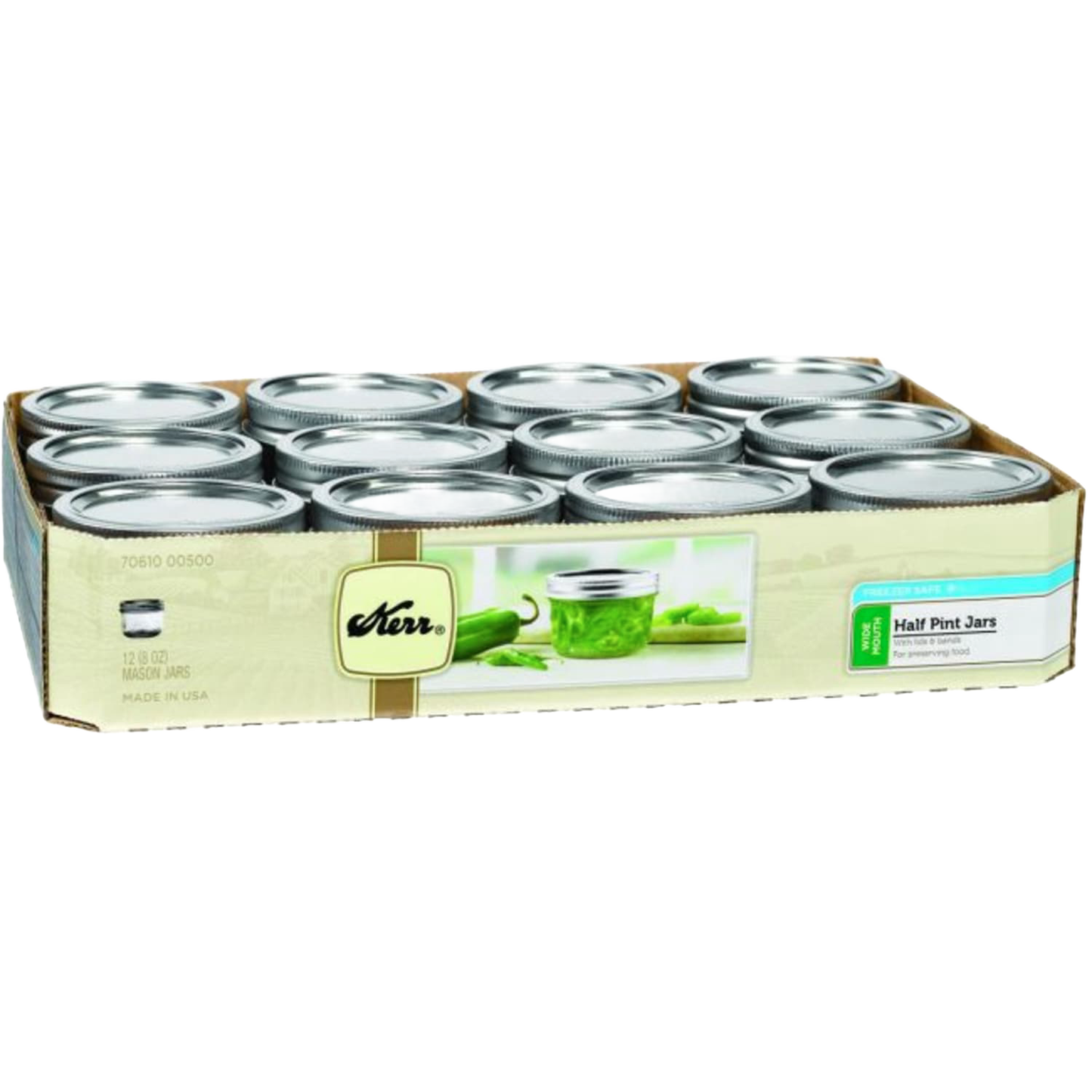 Pack of twelve handcrafted half-pint clear glass canning jars with wide mouths, metal lids, and bands, made in USA, perfect for kitchen food preservation and craft projects.