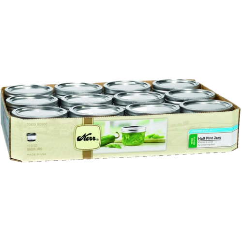 Pack of twelve handcrafted half-pint clear glass canning jars with wide mouths, metal lids, and bands, made in USA, perfect for kitchen food preservation and craft projects.