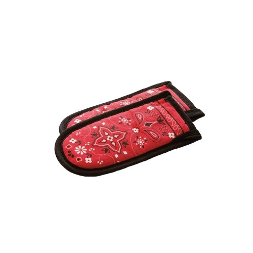 Pair of quilted heat-resistant handle pads in red with black trim and decorative pattern, designed for a secure fit on cast iron cookware handles, featured in Kitchen & Food, Cookware, Cast Iron, Best Sellers, and Promo Eligible collections.
