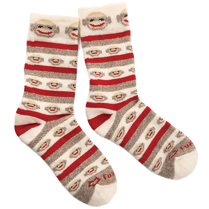 Pair of merino wool blend socks for women featuring playful sock monkey faces and red and brown stripes, perfect for Health & Wellness, Clothing and Accessories, Best Sellers, and Promo Eligible collections.