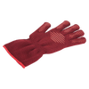 Red heat-resistant glove made with fire-resistant aramid fibers, featuring silicone anti-slip grip for safe handling while cooking or grilling, ideal for kitchen and grilling use.