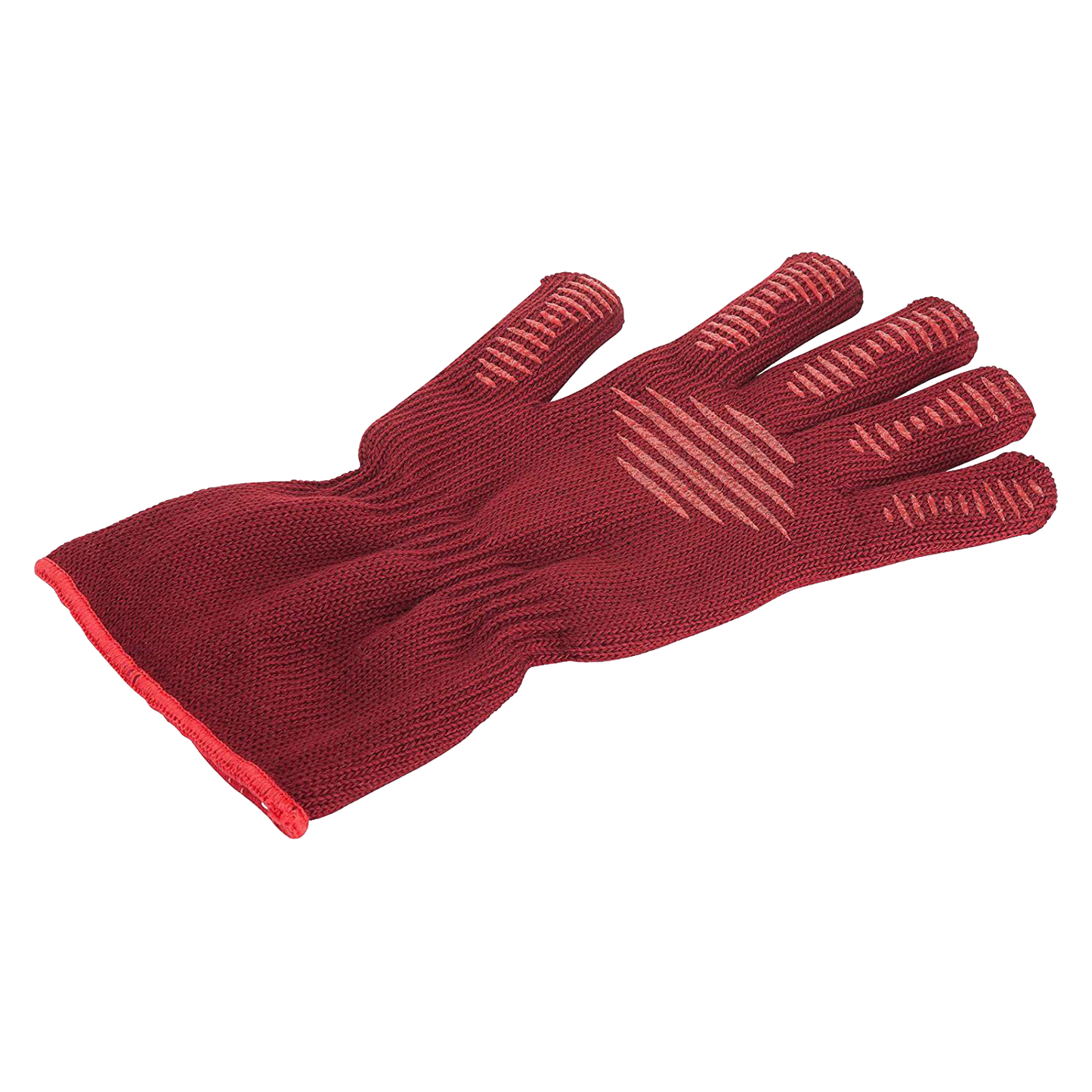 Red heat-resistant glove made with fire-resistant aramid fibers, featuring silicone anti-slip grip for safe handling while cooking or grilling, ideal for kitchen and grilling use.