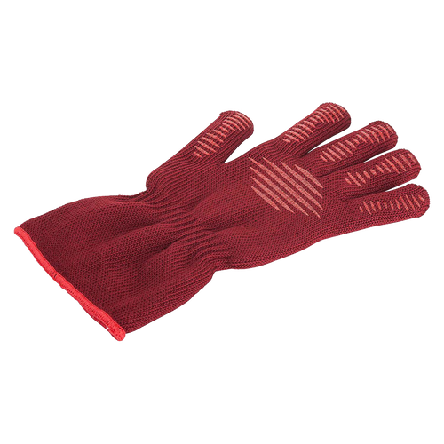 Red heat-resistant glove made with fire-resistant aramid fibers, featuring silicone anti-slip grip for safe handling while cooking or grilling, ideal for kitchen and grilling use.