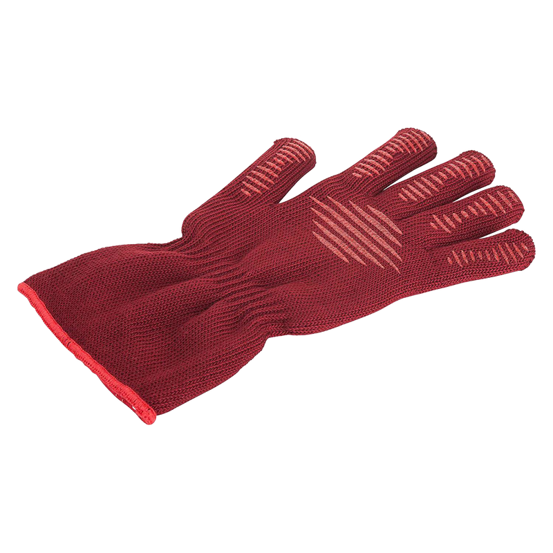 Red heat-resistant glove made with fire-resistant aramid fibers, featuring silicone anti-slip grip for safe handling while cooking or grilling, ideal for kitchen and grilling use.