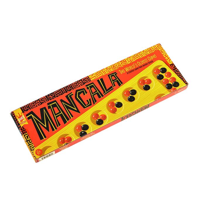Vintage-style Mancala Game box with bold orange and black lettering, showcasing classic board and glass stones, featured in Toys, Books & Games, Table and Board Games, Best Sellers, and Promo Eligible collections.