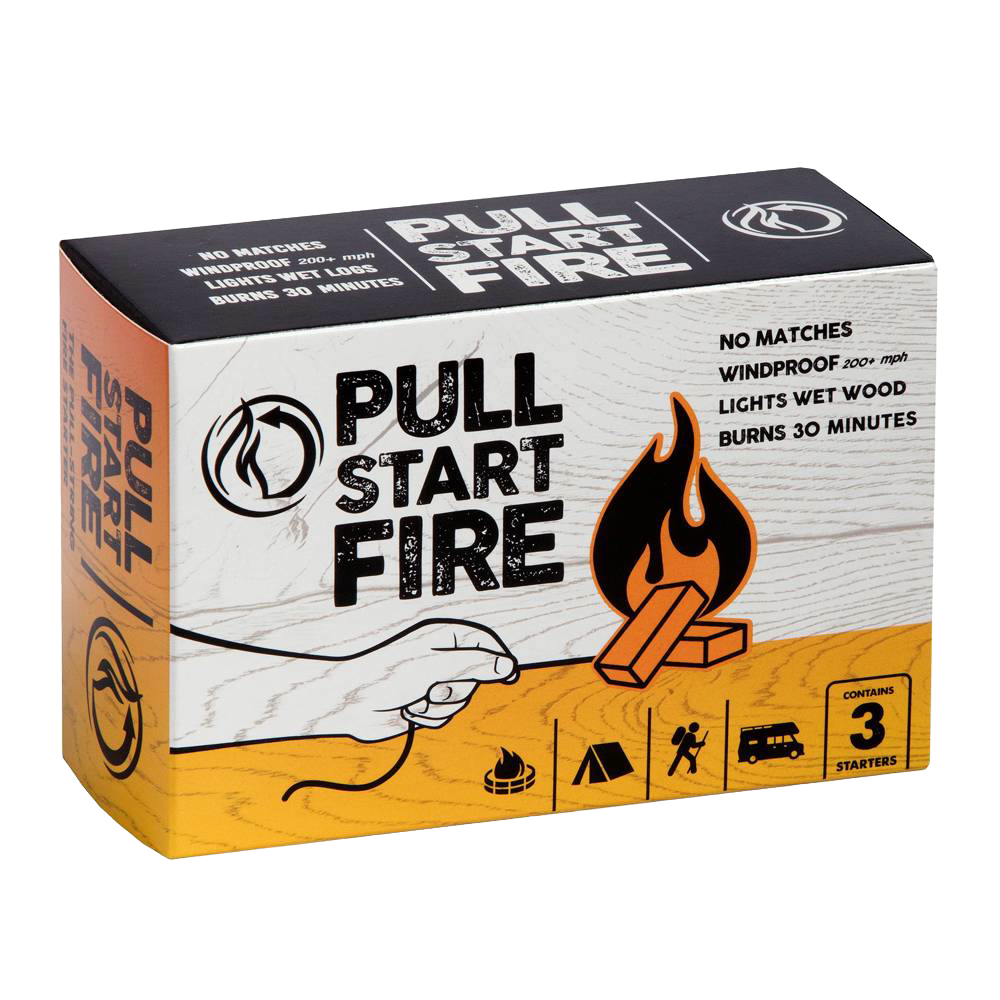 Compact fire starter pack with windproof, no-match design that ignites wet wood and burns for 30 minutes, ideal for camping, farm, garden, and outdoor tool use.