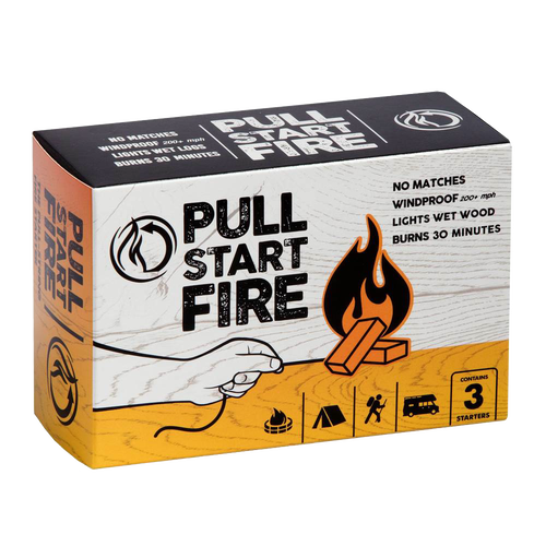 Compact fire starter pack with windproof, no-match design that ignites wet wood and burns for 30 minutes, ideal for camping, farm, garden, and outdoor tool use.