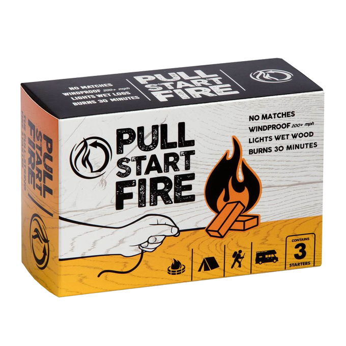 Compact fire starter pack with windproof, no-match design that ignites wet wood and burns for 30 minutes, ideal for camping, farm, garden, and outdoor tool use.
