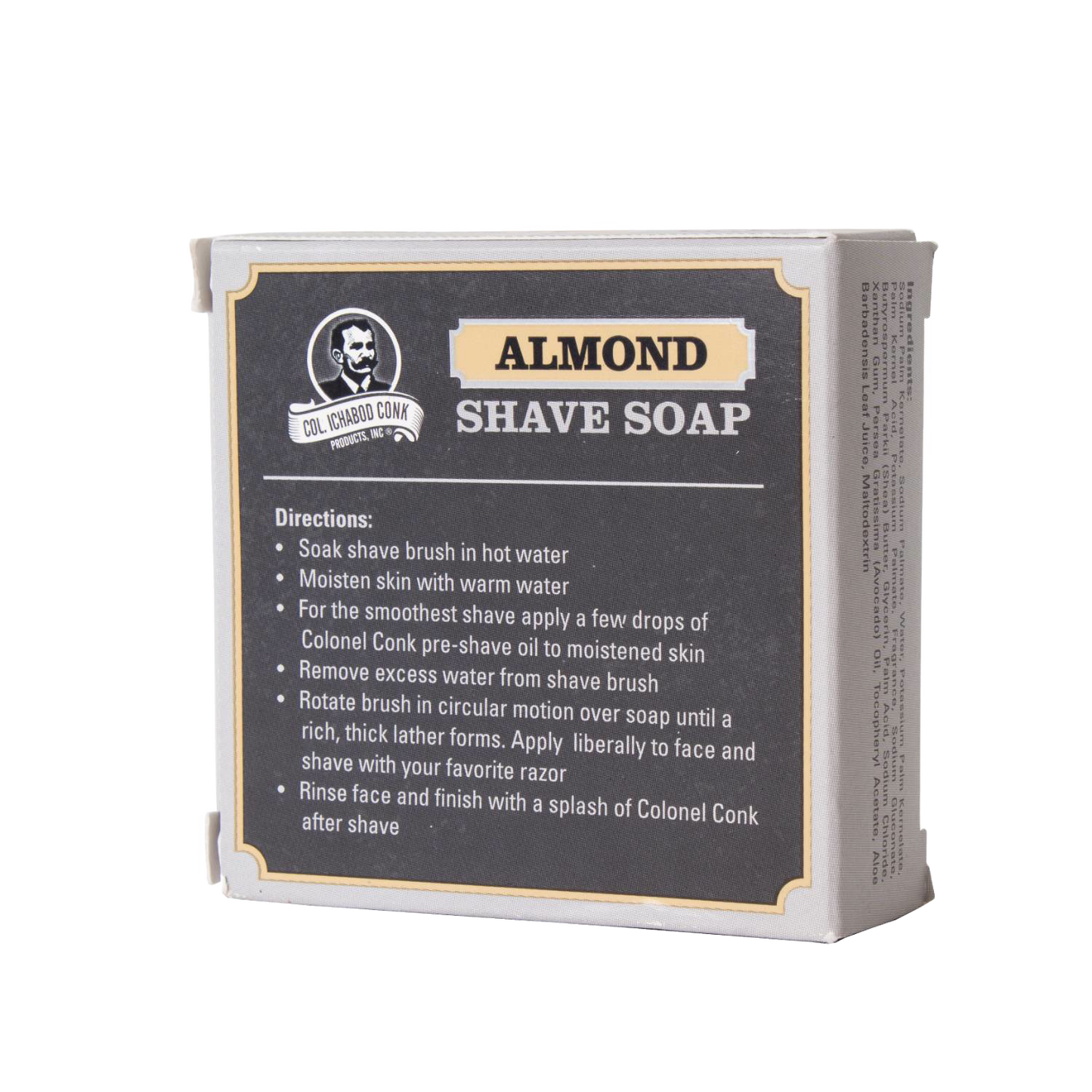Boxed almond-scented shaving soap with usage instructions, featuring shea butter, avocado oil, and vitamin E, handcrafted in USA, part of Health & Wellness, Grooming and Personal Hygiene, Soaps and Soapmaking, USA Made collections.