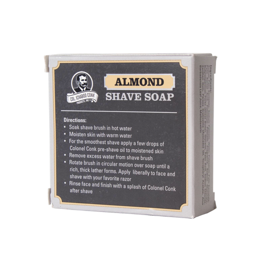 Boxed almond-scented shaving soap with usage instructions, featuring shea butter, avocado oil, and vitamin E, handcrafted in USA, part of Health & Wellness, Grooming and Personal Hygiene, Soaps and Soapmaking, USA Made collections.