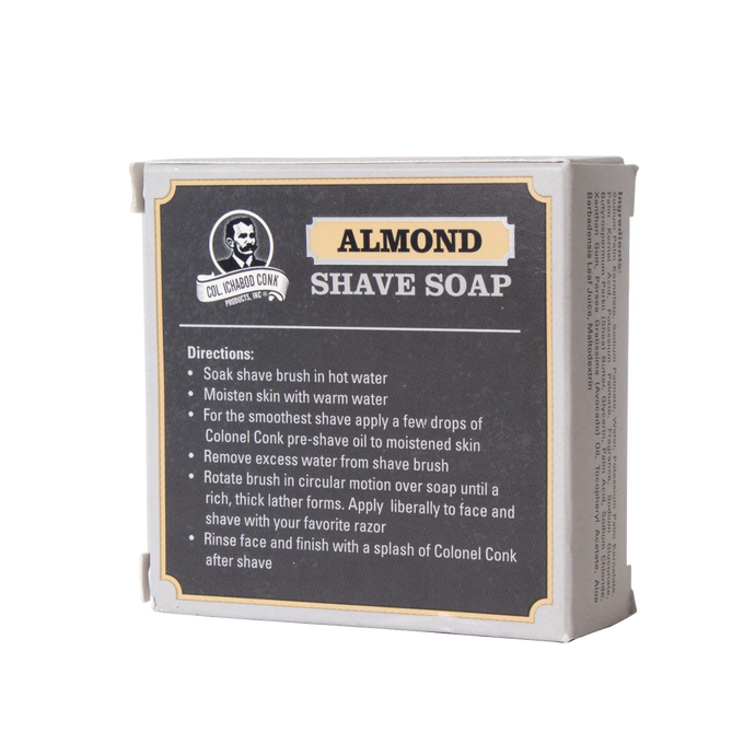 Boxed almond-scented shaving soap with usage instructions, featuring shea butter, avocado oil, and vitamin E, handcrafted in USA, part of Health & Wellness, Grooming and Personal Hygiene, Soaps and Soapmaking, USA Made collections.