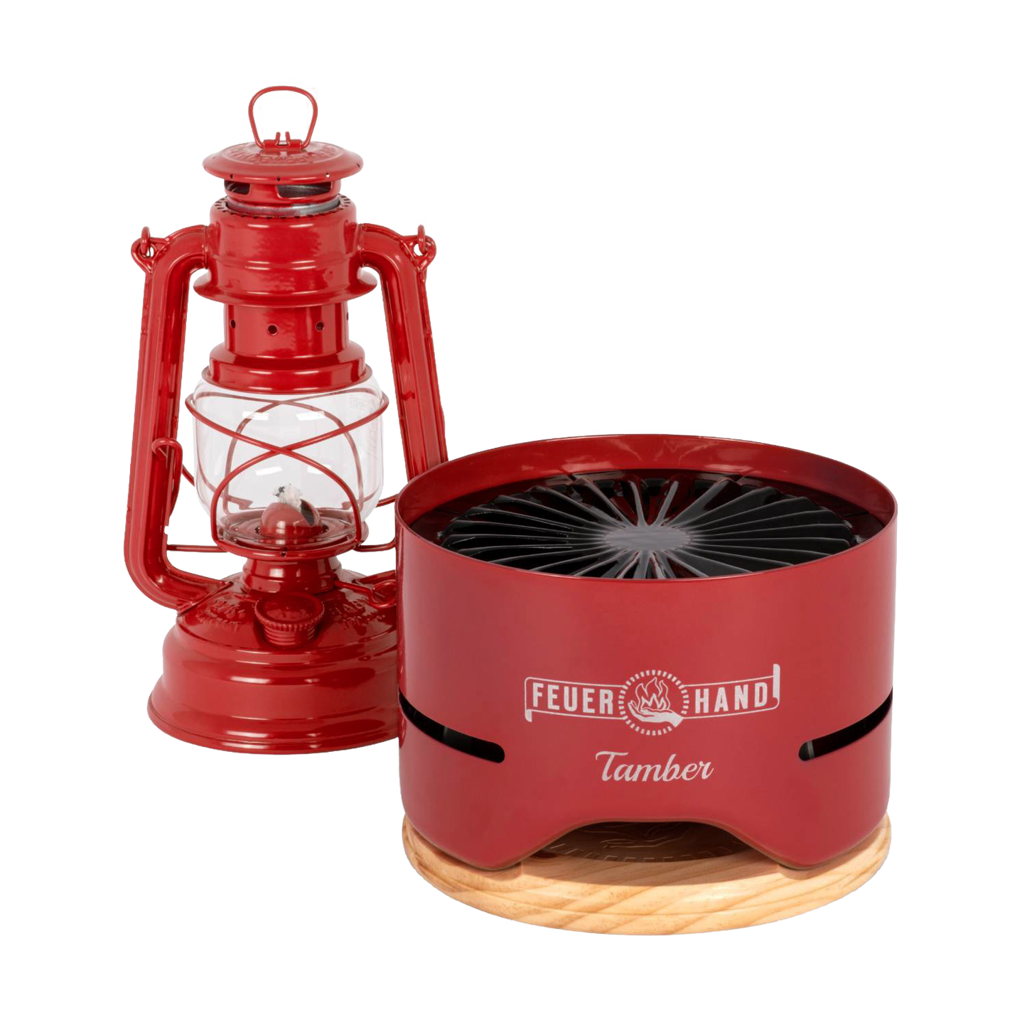 Unique handcrafted red tabletop charcoal grill with radial vent grate and carved wooden base, paired with a vintage-style red lantern, ideal for Farm, Garden & Tool, Camping, Grilling, and Stoves collections.
