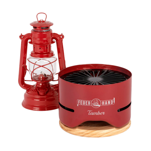 Unique handcrafted red tabletop charcoal grill with radial vent grate and carved wooden base, paired with a vintage-style red lantern, ideal for Farm, Garden & Tool, Camping, Grilling, and Stoves collections.