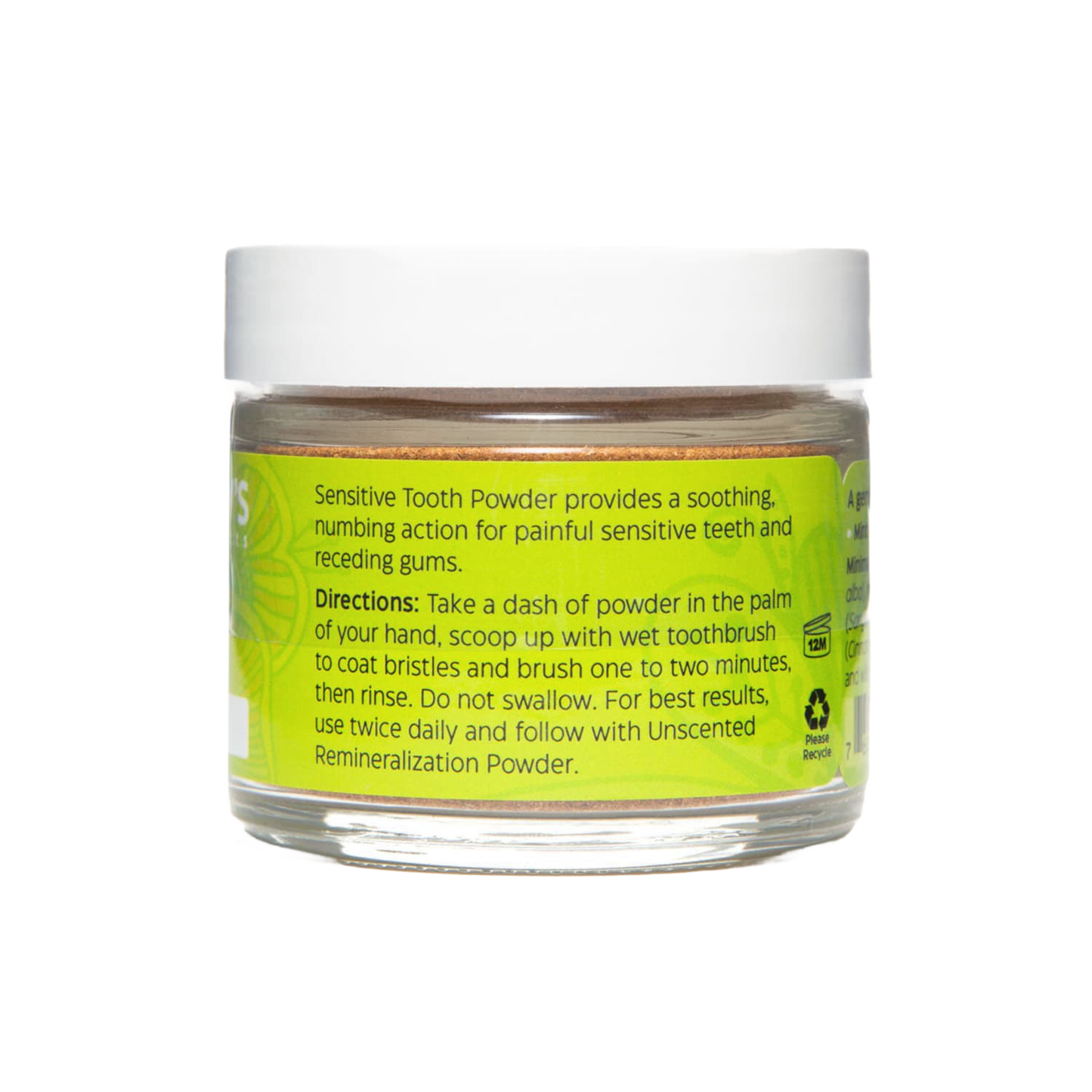 Clear jar of handcrafted tooth powder for sensitive teeth with label detailing soothing, numbing action and directions, featured in Health & Wellness and USA Made collections.