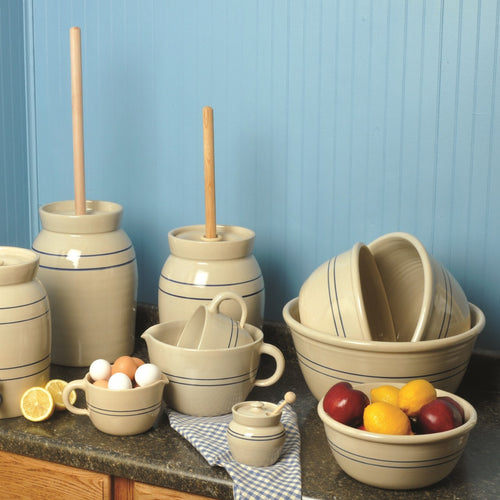 Collection of handcrafted stoneware kitchenware with blue stripes including mixing bowls, batter bowls, and utensil crocks, made in USA, ideal for Kitchen & Food, Cookware, Baking Supplies, and Best Sellers.