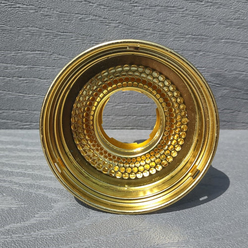 Polished brass oil lamp gallery top designed without heel for compatibility with vintage and modern Aladdin burners, featured in Lamps & Lighting, Parts and Accessories, Lamp Burners and Collars, Best Sellers, and Promo Eligible collections.