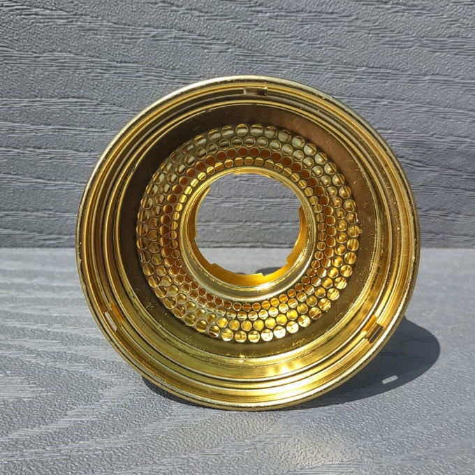 Polished brass oil lamp gallery top designed without heel for compatibility with vintage and modern Aladdin burners, featured in Lamps & Lighting, Parts and Accessories, Lamp Burners and Collars, Best Sellers, and Promo Eligible collections.