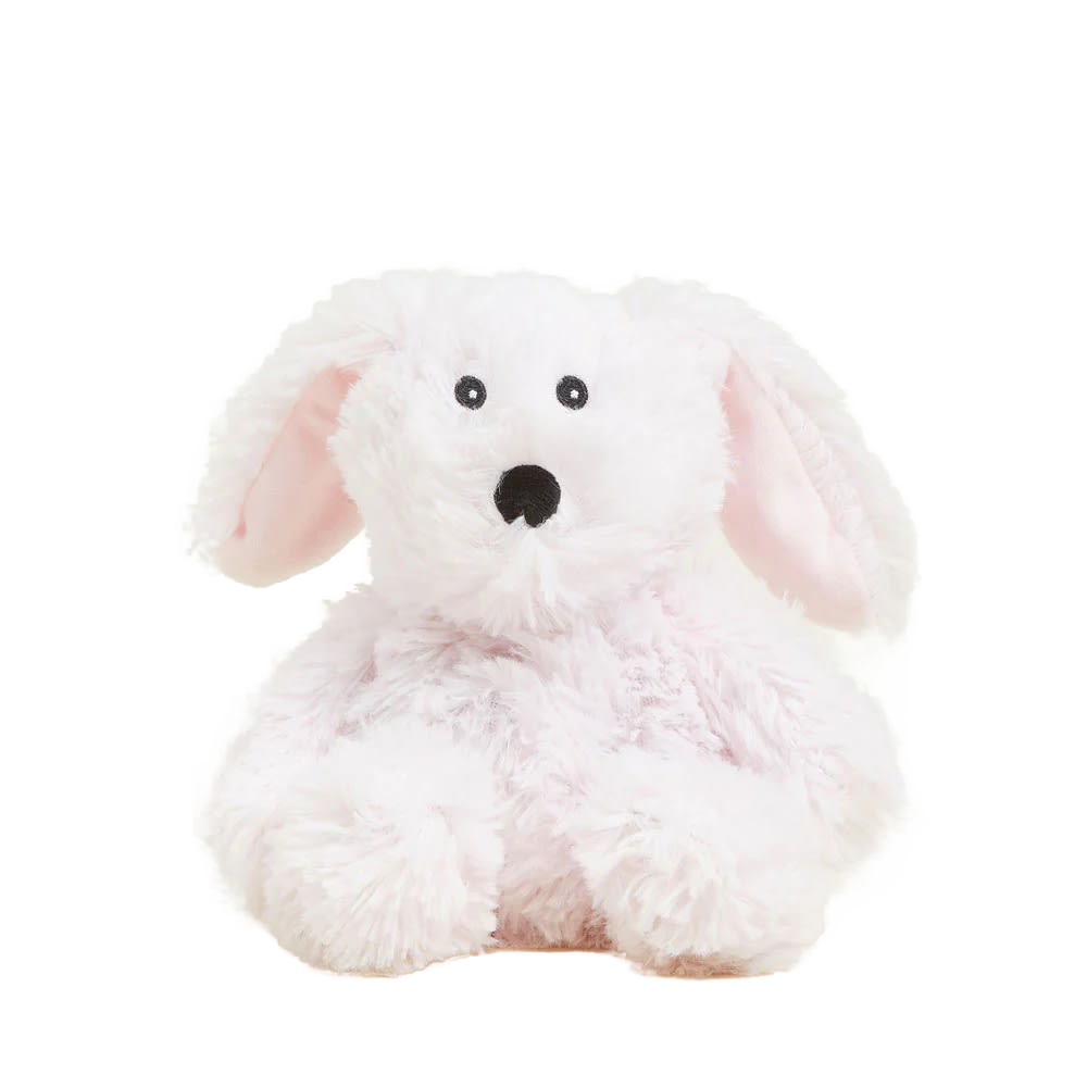 Soft and cuddly white plush bunny with pink inner ears, weighted and microwaveable for soothing warmth, ideal for Health & Wellness, Children's Toys, and Indoor Play collections.