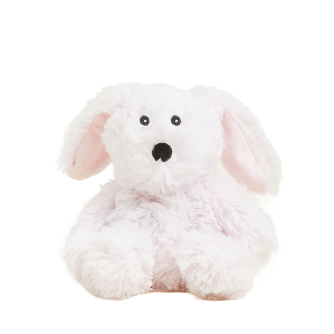 Soft and cuddly white plush bunny with pink inner ears, weighted and microwaveable for soothing warmth, ideal for Health & Wellness, Children's Toys, and Indoor Play collections.