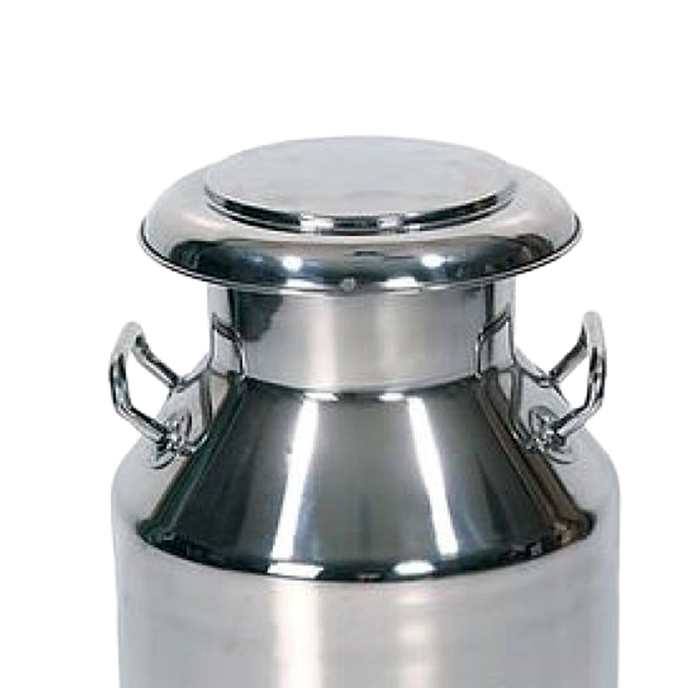 Handcrafted large stainless steel milk can with solid handles and a secure tapered lid, designed for Farm, Garden & Tool, Animal Care, Best Sellers, and Promo Eligible collections.