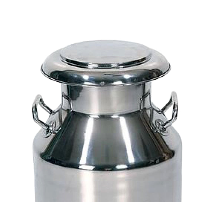 Handcrafted large stainless steel milk can with solid handles and a secure tapered lid, designed for Farm, Garden & Tool, Animal Care, Best Sellers, and Promo Eligible collections.